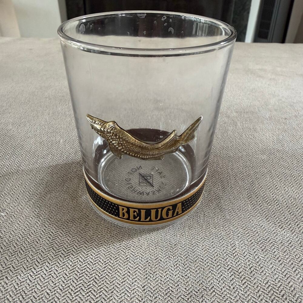 Beluga Vodka Rocks Glass Tumbler w/ Raised Metal Sturgeon Emblem Gold Barware
